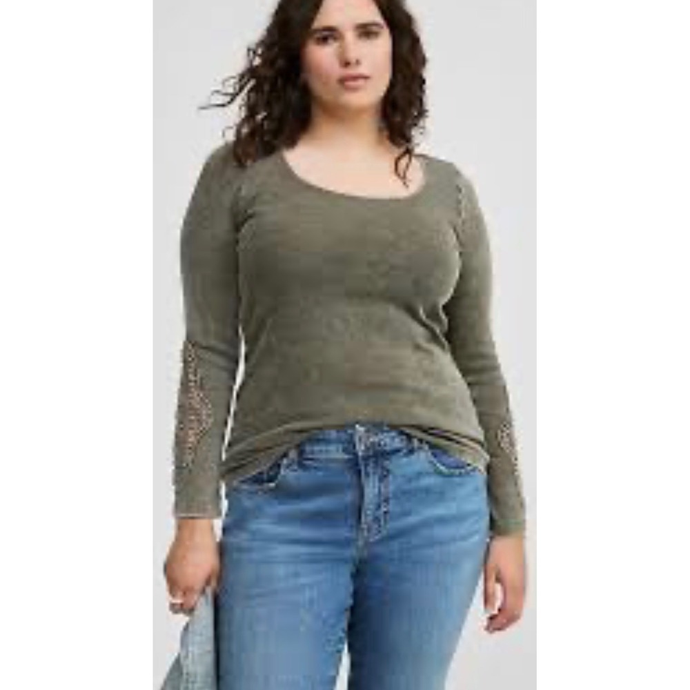 Torrid Olive Green Mineral Wash Crochet Sleeve Ribbed Scoop Neck Top 3x/4x NWT